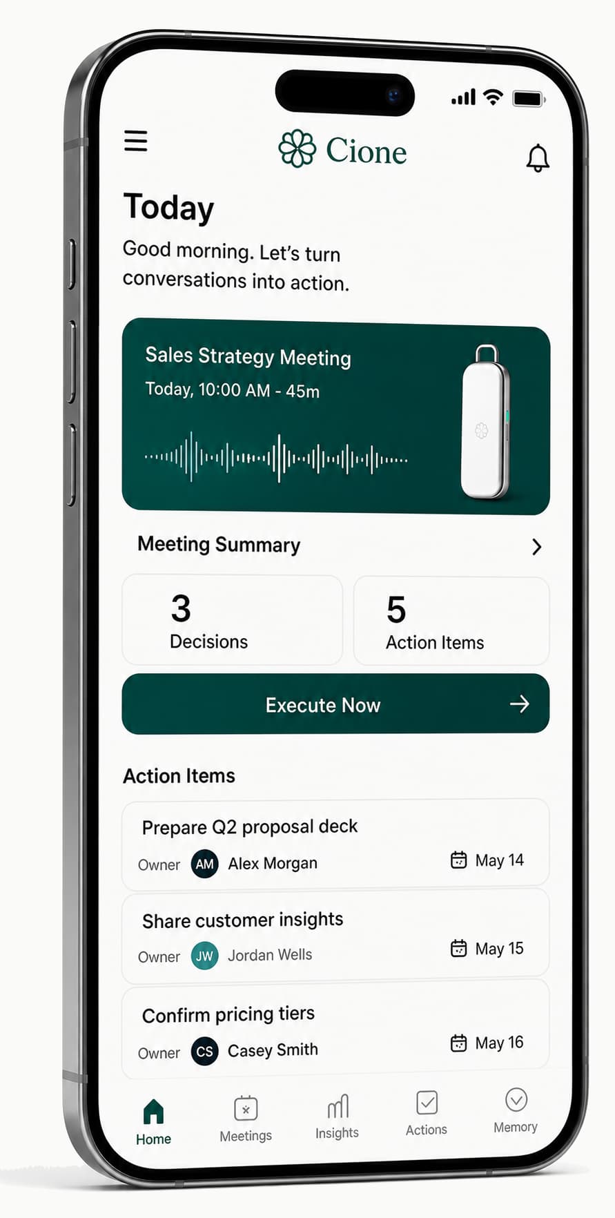 Cione App 会议页面:会议摘要、3 项决议、5 项待办与责任人列表